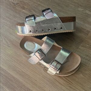 Altar'd State Metallic Silver Dual-Buckle Platform Sandals